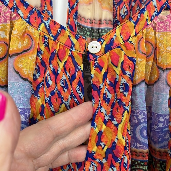 New Directions Womens Top S Orange Yellow Stretch Waist Pullover Flowy Boho Cute - Picture 3 of 13